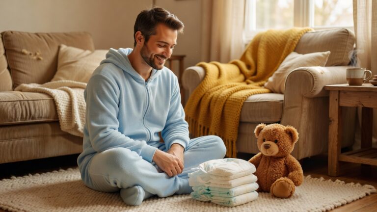 An adult man in a footed onesie beside folded adult diapers and a teddy bear, showing the adult baby and diaper lover comfort world