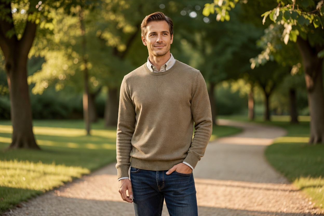 A confident adult man outdoors in soft daylight wearing casual clothes, calm and at ease living with incontinence