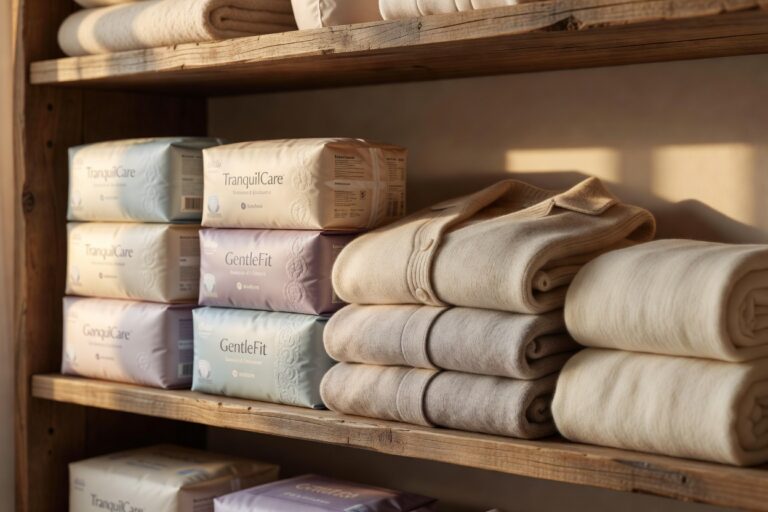 Neatly arranged packs of adult diapers and soft folded clothing on a warm shelf