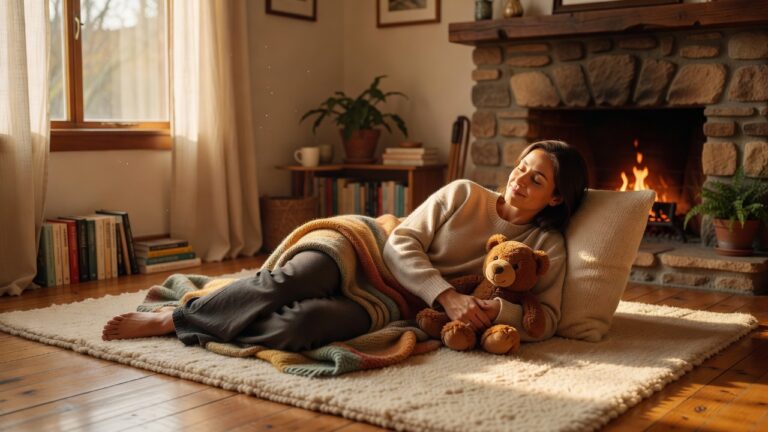 A calm adult woman relaxing in a cozy room with a stuffed animal and a soft blanket