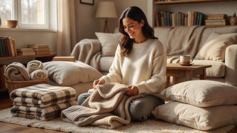 A warm caring adult gently arranging blankets and comfort items in a cozy nurturing home