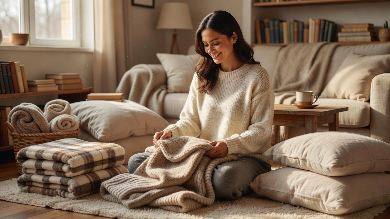 A warm caring adult gently arranging blankets and comfort items in a cozy nurturing home