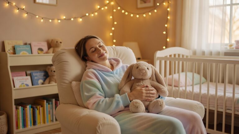 A content adult woman in a onesie relaxing in a cozy nursery style room with a stuffed animal, embracing the adult baby side