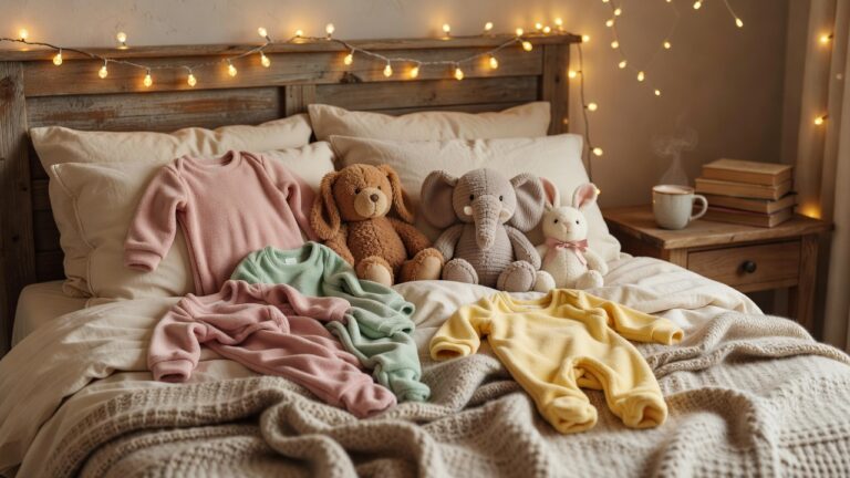 Two cozy comfort scenes blended, soft onesies plush toys and a warm bedroom
