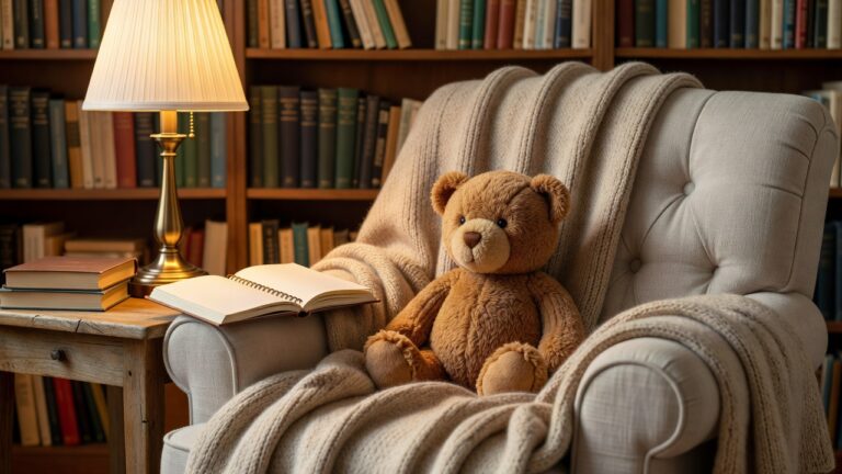 A cozy reading nook with a notebook, warm lamp, soft blanket and a teddy bear