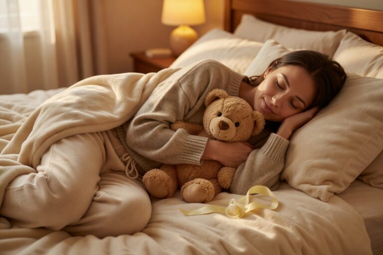 A calm adult under a soft blanket with a plush toy and pacifier, resting in little space