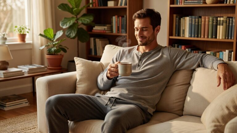 A relaxed adult at home in soft loungewear holding a warm mug, calm and content
