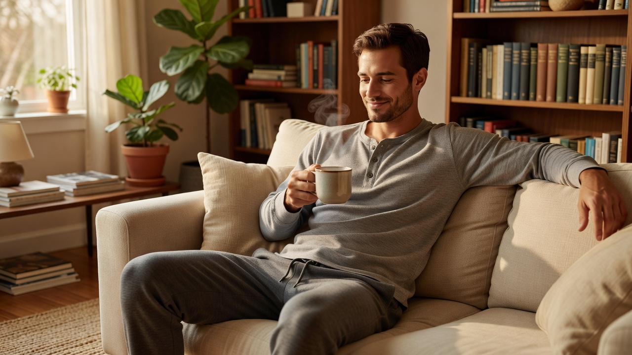 A relaxed adult at home in soft loungewear holding a warm mug, calm and content