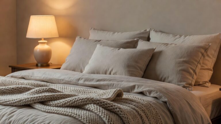 A soft warm bedroom with gentle lamp light, plush pillows and a cozy blanket