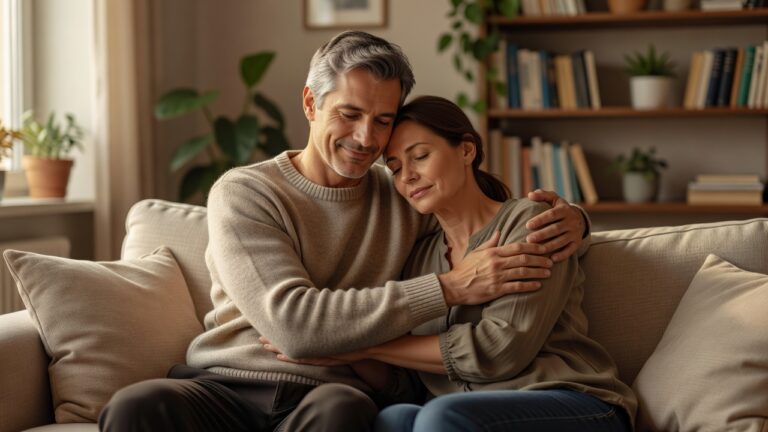 A warm tender moment of an adult being comforted by a caring maternal partner