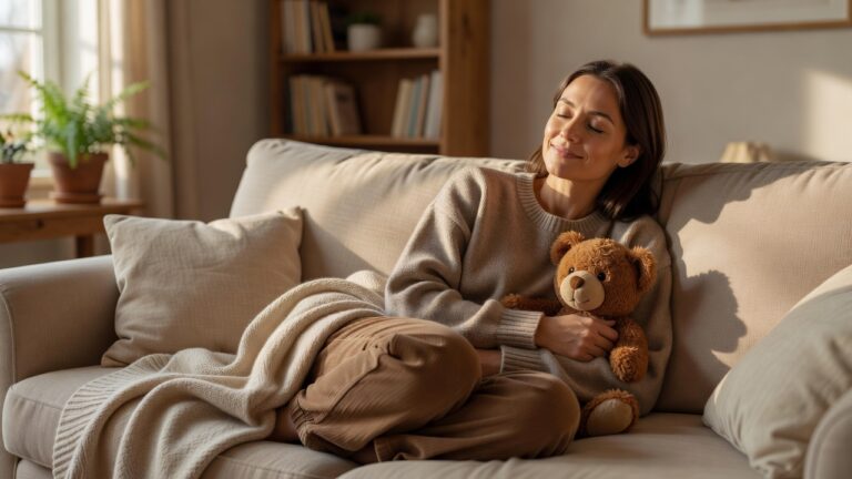 A calm adult curled under a soft blanket with a plush toy finding relief from stress
