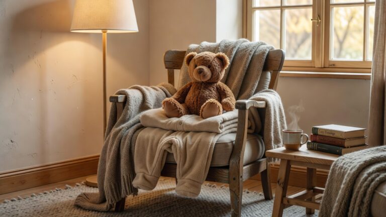 A welcoming cozy setup with a soft onesie, plush toy and gentle warm light