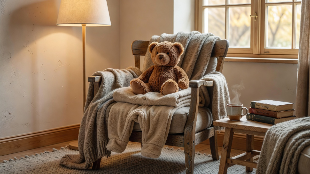 A welcoming cozy setup with a soft onesie, plush toy and gentle warm light