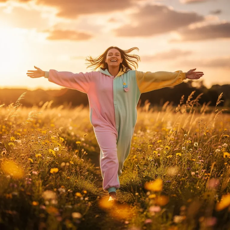Person in adult onesie walking freely through sunlit wildflower meadow embracing ABDL identity without shame
