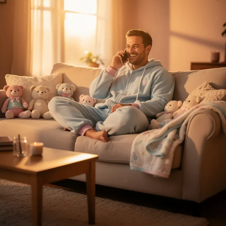 Adult baby in onesie and diaper talking on phone during ABDL therapy counseling session surrounded by comfort items