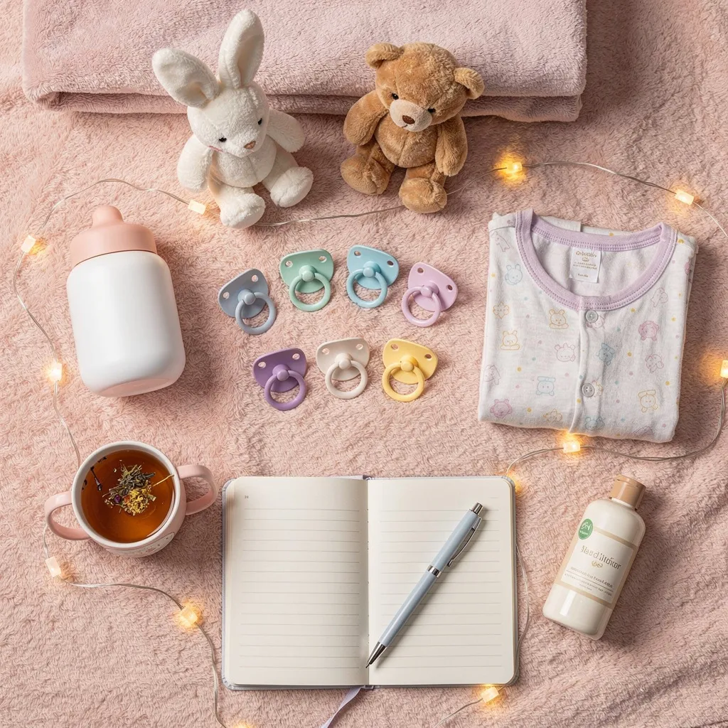 ABDL self care flatlay with adult pacifiers onesie stuffed animals and comfort items for adult baby relaxation