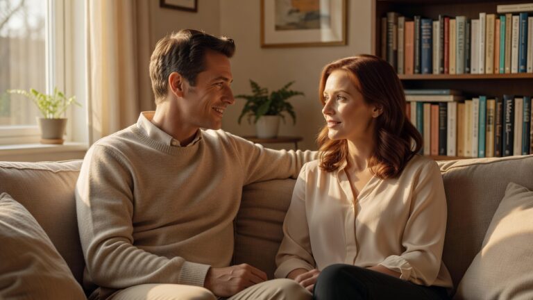 A loving adult couple sharing an open honest conversation on a couch