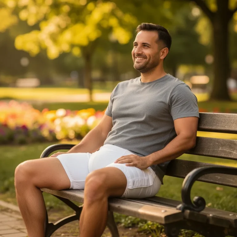 Confident man wearing adult diaper outdoors embracing incontinence freedom and ABDL acceptance