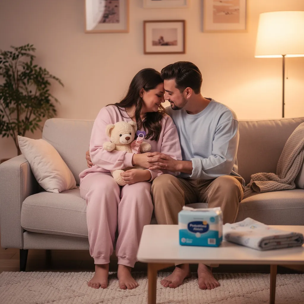 Loving couple sharing a tender moment of acceptance about ABDL identity with comfort items visible