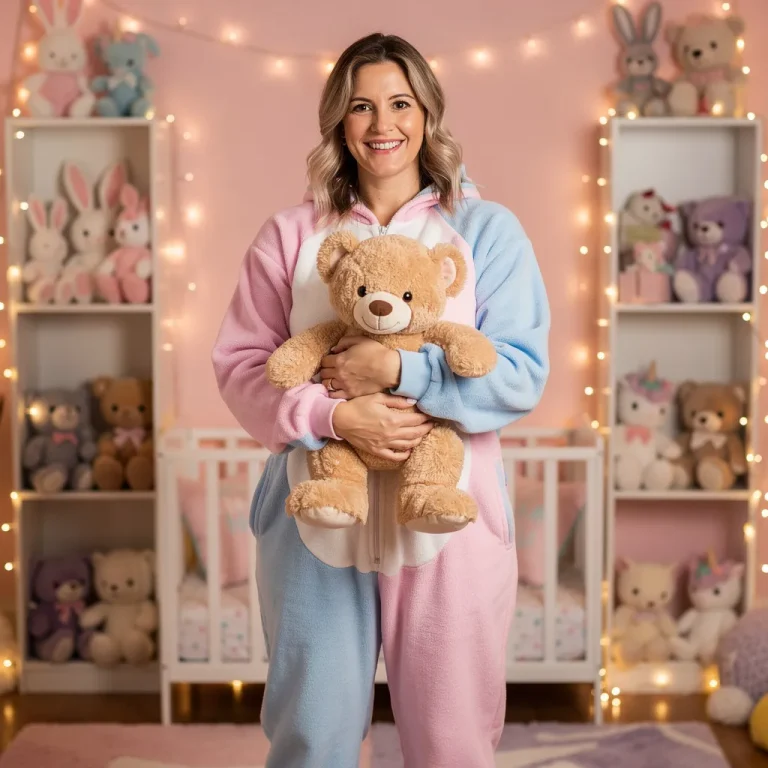 Proud adult in footed onesie standing in decorated ABDL nursery embracing adult baby identity in 2026