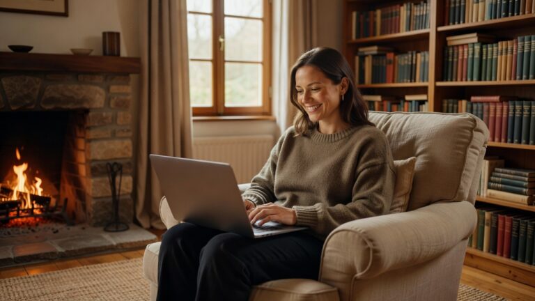 A content adult smiling warmly at a laptop, connecting with a caring community