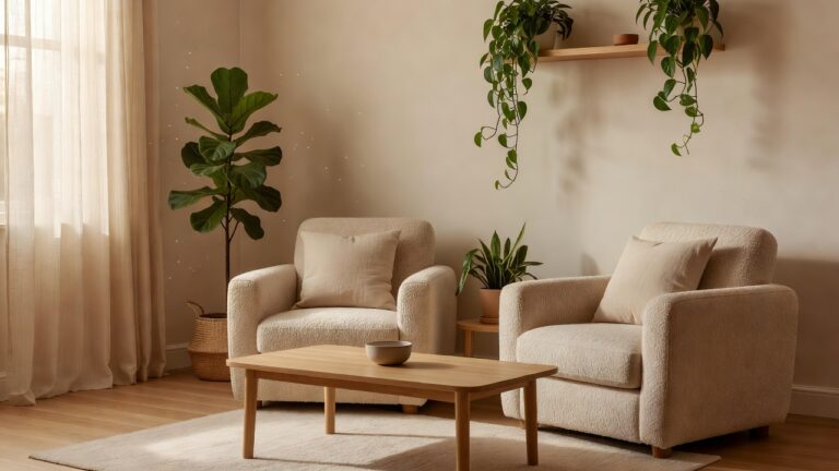 A calm supportive counseling setting with two comfortable chairs and warm light