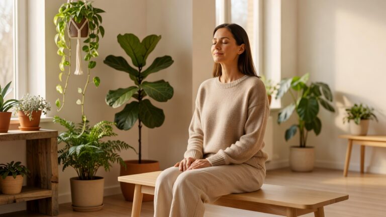 A serene adult practicing calm breathing in a bright soothing room with plants