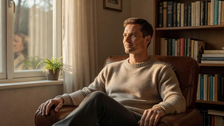 A peaceful adult sitting calmly by a window in soft reflective morning light