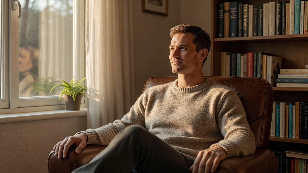 A peaceful adult sitting calmly by a window in soft reflective morning light