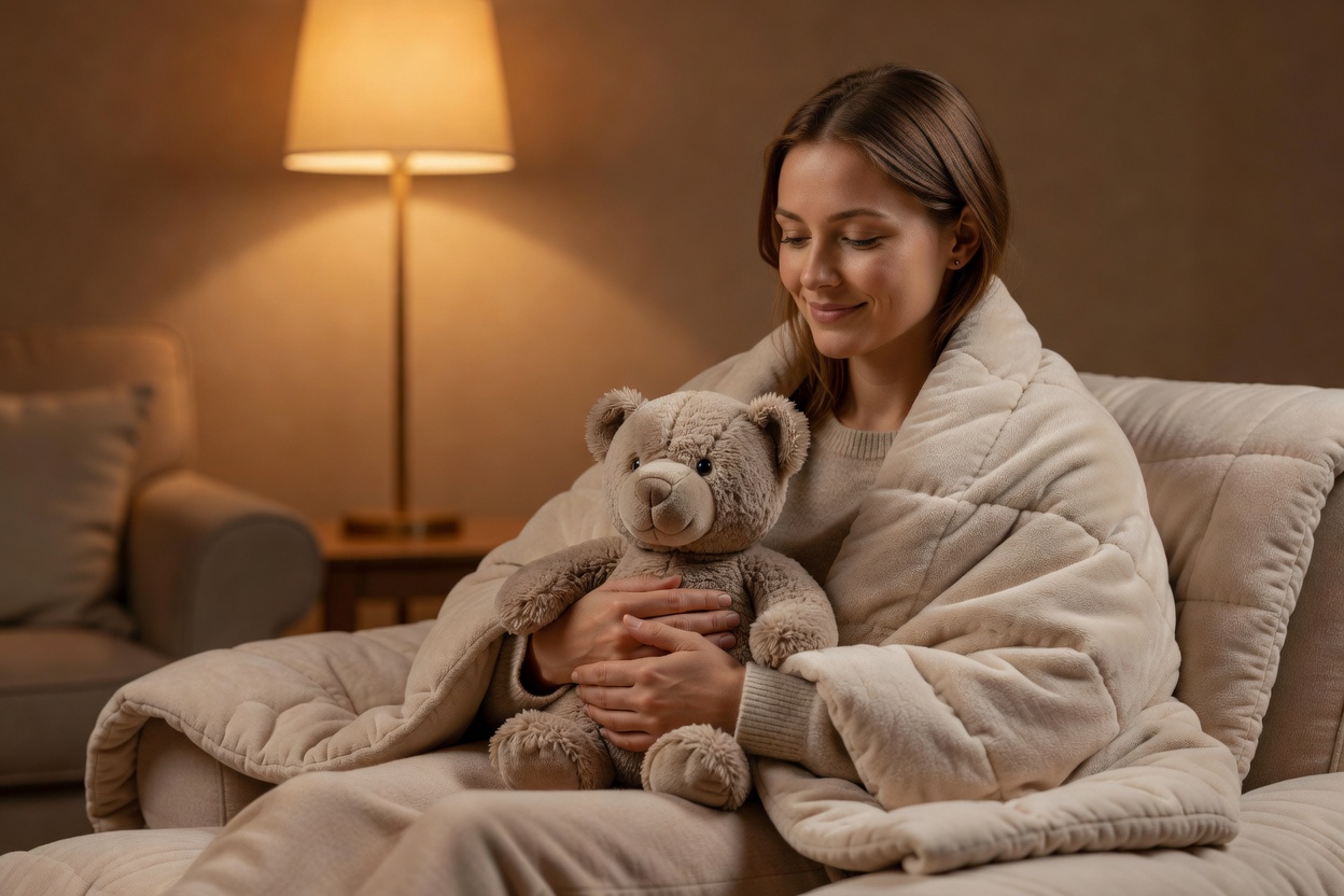 A calm adult enjoying soft sensory comfort with a weighted blanket and plush toy