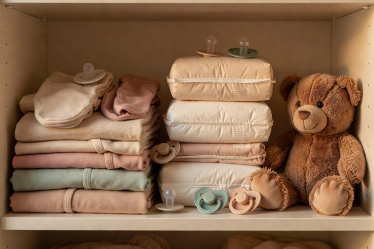 A neat shelf of folded adult onesies, diaper packs, pacifiers and a teddy bear, keeping comfort instead of purging ABDL supplies