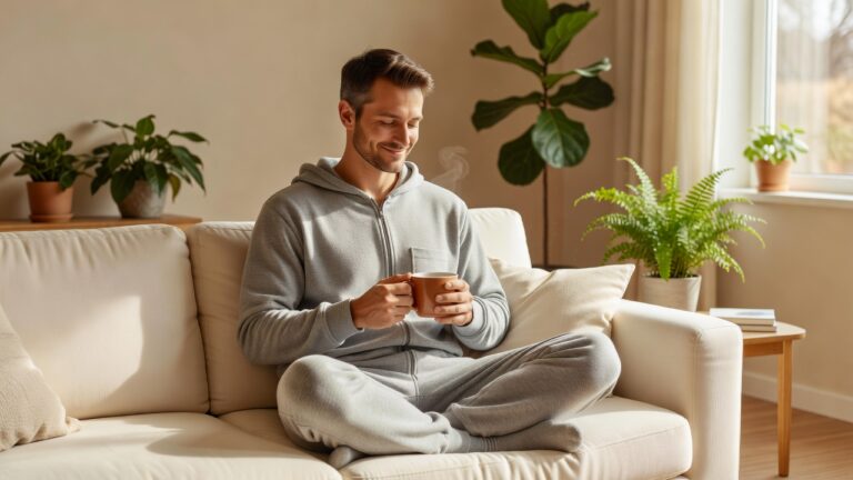 A calm adult man in a soft onesie holding a mug of tea in a bright plant filled room, ABDL alongside healthy mental wellbeing