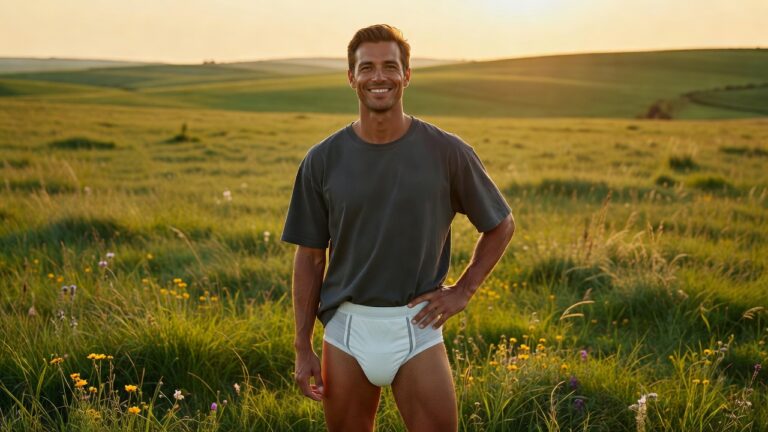 An adult man standing confidently in a sunlit meadow wearing a t shirt and an adult diaper, embracing himself without shame