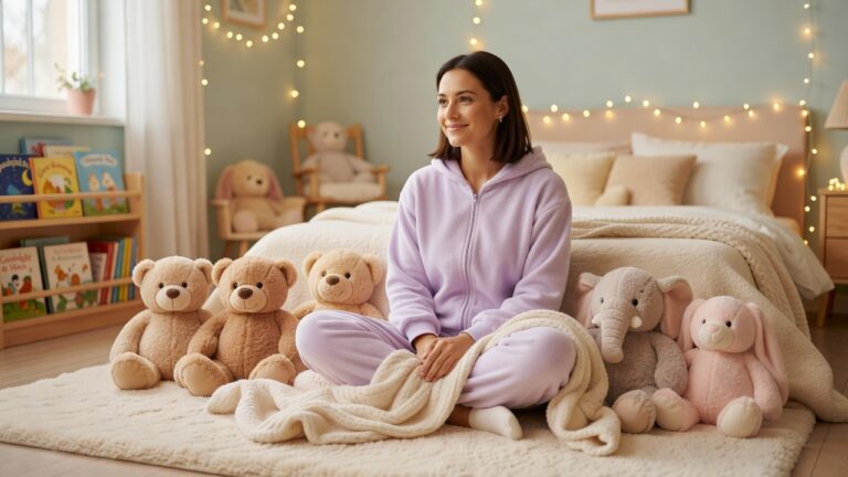 An adult woman in a soft onesie sitting in a cozy room with plush toys and fairy lights, a peaceful little space for age regression