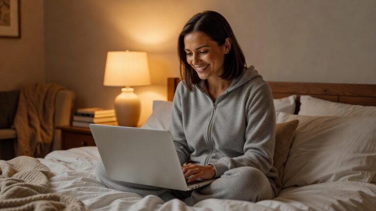 An adult woman in a cozy onesie smiling at a laptop in a warm bedroom, connecting with the ABDL community