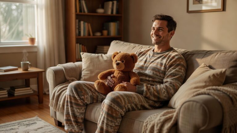 An adult man relaxing on a couch in a cozy footed onesie holding a teddy bear, calm and content, showing that being ABDL is normal