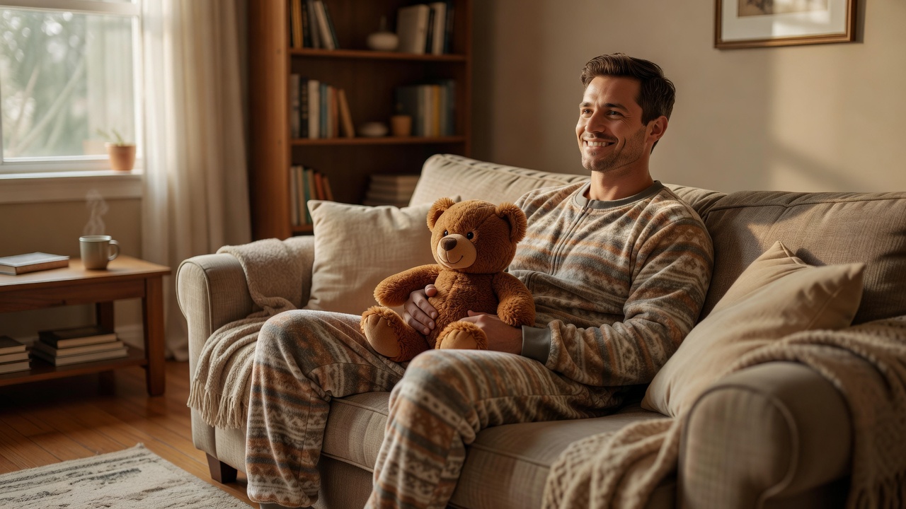 An adult man relaxing on a couch in a cozy footed onesie holding a teddy bear, calm and content, showing that being ABDL is normal